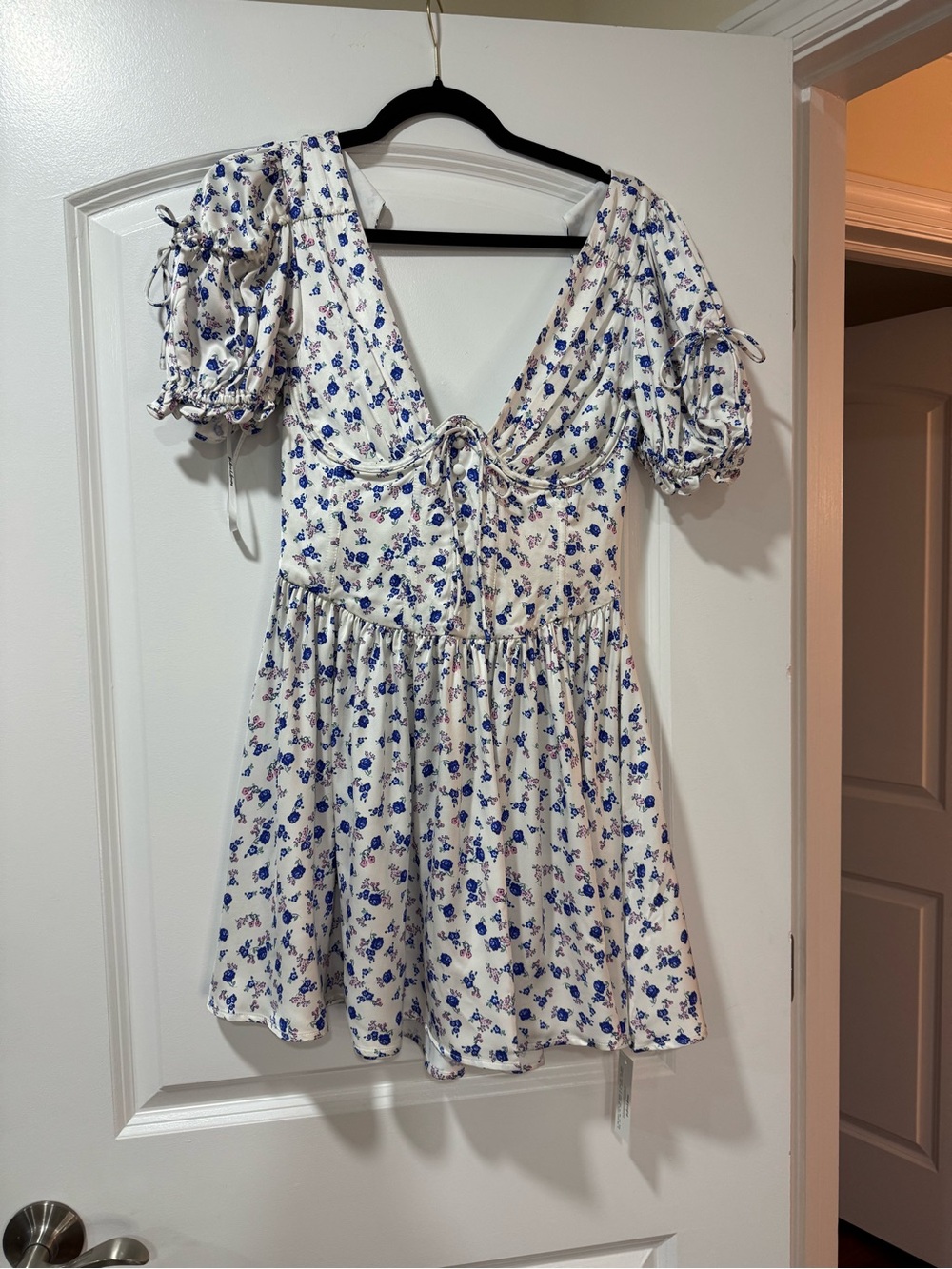 For Love & Lemons Paulina Puff Sleeve Corset Mini Dress Blue Floral Print - S - Picture 5 of 11